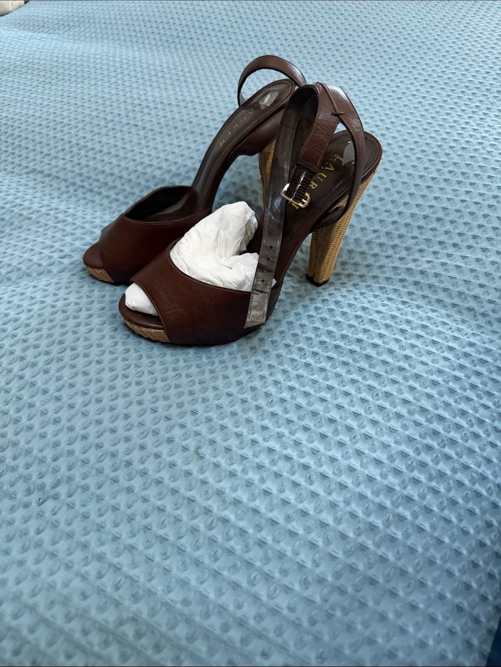 Lauren Ralph Lauren Brown Leather Peep-Toe Slingback Heels